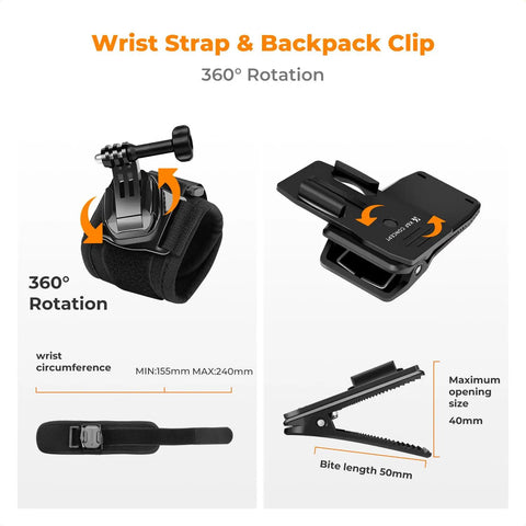 All In One Action Cam Mount Kit wrist strap and backpack clip with 360° rotation features and dimensions
