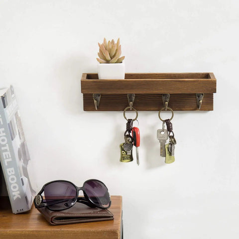 Super Sleek 10 Inch Brown Wood Wall Mount Floating Shelf With Four Antique Metal Key Hooks Straight Up Perfect Entryway Organizer For Mail Keys Coats And Phone Gear No Sweat Setup Totally Chic Home Decor