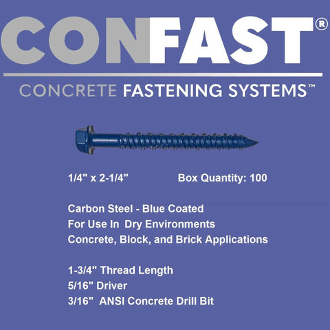 Heavy Duty One Quarter Inch By Two And One Quarter Inch Hex Head Concrete Screw Anchor With Drill Bit Included For Masonry