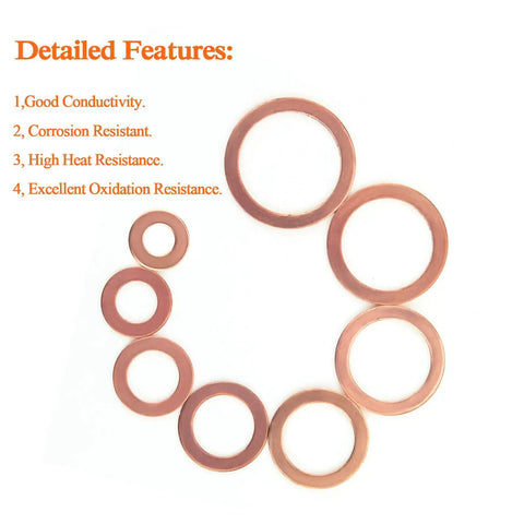 Copper Washer Kit With 12 Sizes And 300 Pieces showing detailed features of conductivity and corrosion resistance
