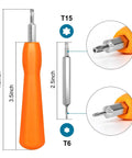 Close-up of double-ended driver with 4.5-inch orange handle, showing T6 and T15 Torx ends, part of Video Doorbell Security Screw Kit 20 Pieces Torx.