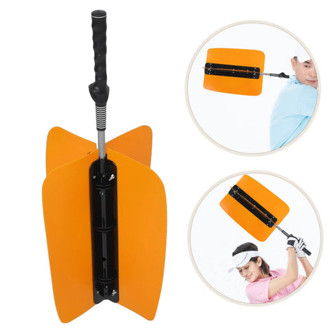 Yellow Golf Swing Power Fan Trainer With Adjustable Wind Resistance for indoor outdoor practice shown with user demonstration