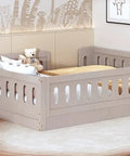Full Size Wood Bed Frame With Safety Guardrail For Kids Kid Friendly Semi Enclosed Play Space Natural Pine Platform Bed