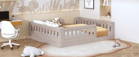 Full Size Wood Bed Frame With Safety Guardrail For Kids Kid Friendly Semi Enclosed Play Space Natural Pine Platform Bed