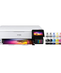 EcoTank Photo ET-8550 Wireless Wide-Format All-In-One Supertank Printer with Scanner and Copier, Ethernet, displayed with ink bottles