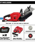 Hella Tough 18V Cordless Cut Off Saw Kit For Concrete And Masonry includes 9-inch saw, two 12.0 Ah batteries, and rapid charger.