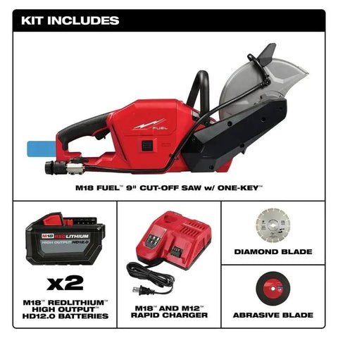 Hella Tough 18V Cordless Cut Off Saw Kit For Concrete And Masonry includes 9-inch saw, two 12.0 Ah batteries, and rapid charger.