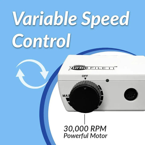Close-up of TurboFile II Electric Nail File 2026 Upgrade Handpiece showing variable speed control and 30,000 RPM motor.