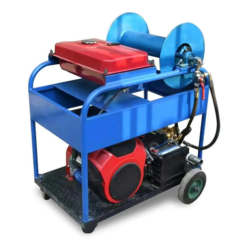 Heavy Duty Industrial Sewer Jetter Machine With High Pressure Pipe Cleaning System on wheels, red and blue components visible