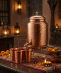 Copper Hammered Water Dispenser With Tap And Stand, Four Copper Glasses Included, 6.5 Liter Capacity For Family Use, artistic setting