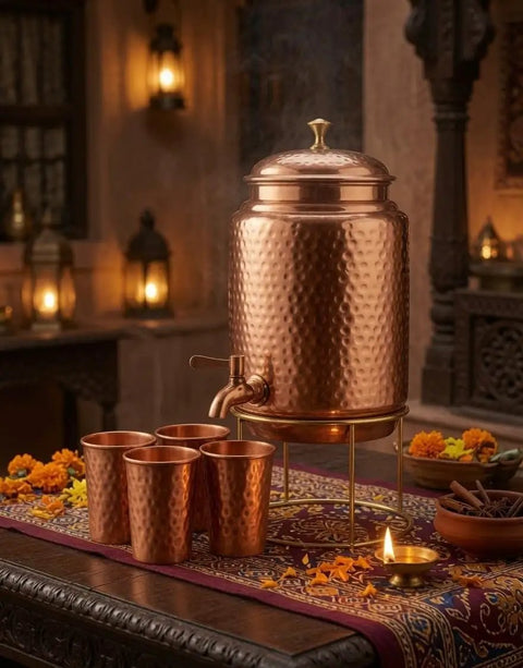 Copper Hammered Water Dispenser With Tap And Stand, Four Copper Glasses Included, 6.5 Liter Capacity For Family Use, artistic setting
