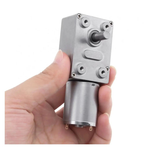 Heavy Duty 12V DC Worm Geared Motor Delivers Badass Torque And Smooth Adjustable Speed Up To 160 RPM handheld view with metal housing.