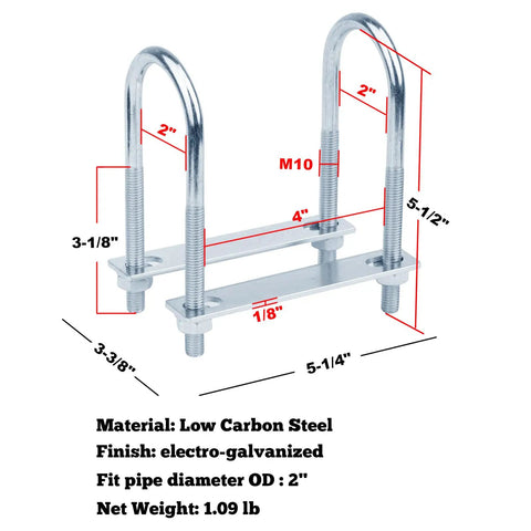 Two Pack M10 U-Bolt Clamp Set For 2 Inch Tubes 5-1/2 Inch Long Round Bend U-Bolts That Fit 2 Inch OD Tubing Electro Galvanized