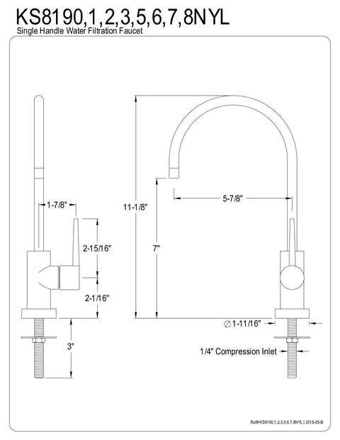 Diagram of Single-Handle Cold Water Filtration Faucet In Brushed Brass For Deck-Mount Install, dimensional details shown.