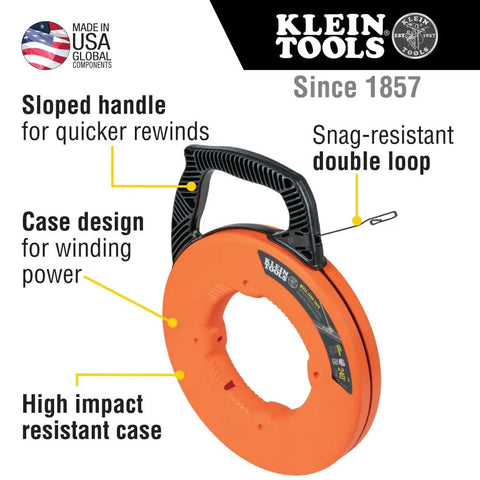 Heavy Duty Steel Fish Tape for Long Wire Runs with Double Loop Tip and Optimized Housing, Smooth Payout and Slip Resistant Handle for Easy Pulls, 240 Foot Length