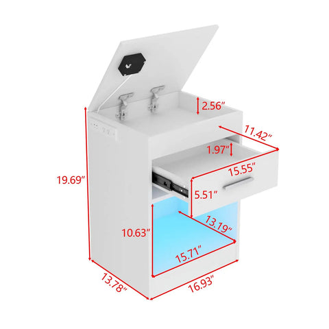 Ultra Sleek White Nightstand Packs A Rapid Charging Hub And Ambient Led Lighting While Guarding A Legit Hidden Safe For Stashing Cash And Electronics Plus Extra Power Outlets, showcasing dimensions and design features.