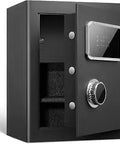 Deluxe Home Safe With Dual Digital Keypad And Key Access, open with visible interior and removable shelf, heavy duty steel construction