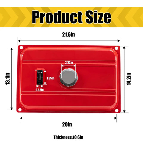 Top view of 5 Gallon Portable Gas Tank for Generators and Outdoor Power Gear, dimensions labeled, in red, with cap and vent.