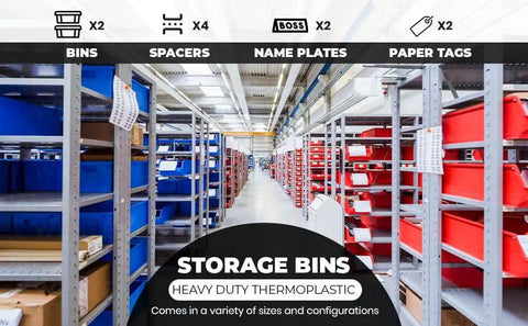 Warehouse aisle with Blue Heavy Duty Thermoplastic Storage Bin Organizer Built To Last, Stackable And Hangable, for tools and parts.