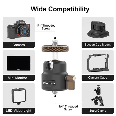 All Metal CNC Built One Quarter Inch Swivel Mini Ball Head Tripod Mount With 360 Degree Rotation And 125 Degree Tilt For Camera Cages, Compatibility With Super Clamps, Suction Cup Mounts, Magnetic Bases, And A Max Load Of 11 Lb. for camera cage, suction cup mount, and super clamp