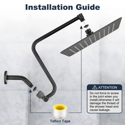 Installation guide for 12 Inch Rain Shower Head With Adjustable Extension Arm All Metal 304 Stainless High Pressure Rainfall Shower Head Oil Rubbed Bronze Finish showing connection steps.