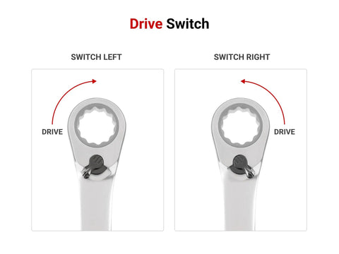 Diagram of 10 mm Reversible 12 Point Ratcheting Wrench With 72-Tooth Box End showing switch direction for drive on wrench head