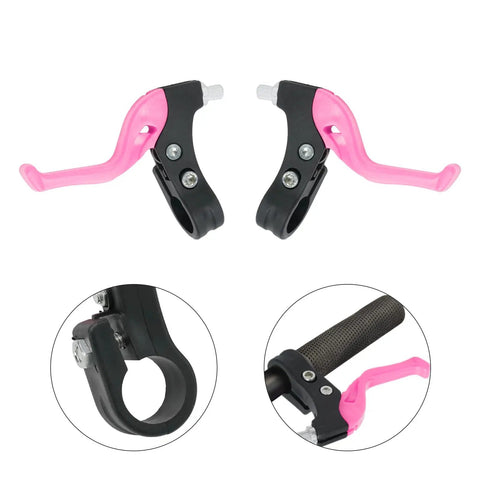 Kids Bike Brake Levers Set For 2cm Handlebar Diameter Easy Reach Brakes Pink aluminum levers with ergonomic design