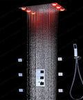 Top Shelf Thermostatic Rainfall Shower Head System Ceiling Mounted Bathroom Combo Set Stainless Steel And Brass Build with LED light.