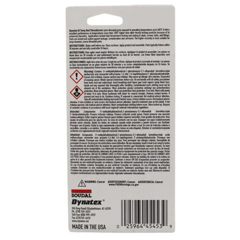 Back of packaging for Red Hi Temp Threadlocker 36 Ml Bottle For Metal Fasteners Heavy Duty Locking Adhesive