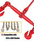 Heavy Duty Tie Down Set: 2 Pack Ratchet Chain Binders for 3/8 to 1/2 Inch Chains shown with hooks and G70 & G80 chain compatibility.