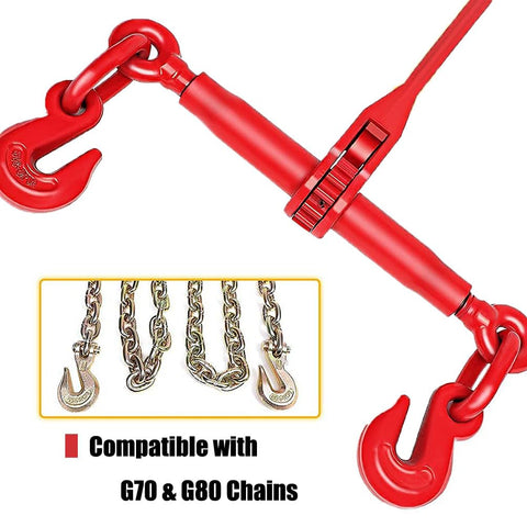 Heavy Duty Tie Down Set: 2 Pack Ratchet Chain Binders for 3/8 to 1/2 Inch Chains shown with hooks and G70 & G80 chain compatibility.