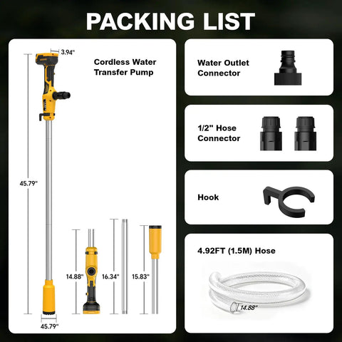 Cordless Stick Transfer Pump With Hookup To Dewalt 20V Max for fast fluid moves, includes connectors and 4.92ft hose.