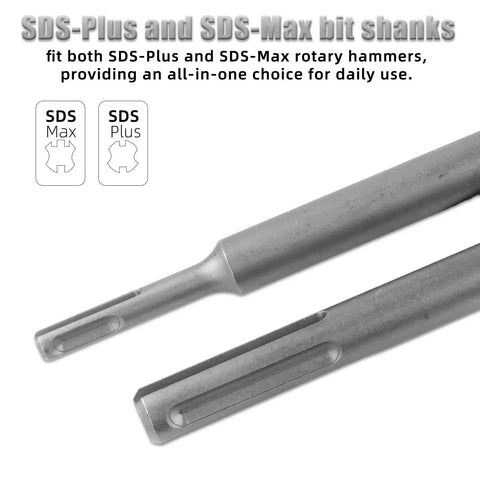 SDS-Plus and SDS-Max shanks from Built To Last Heavy Duty Concrete Hole Saw Kit With Five Diameters 30mm 40mm 65mm 80mm 100mm Includes 2 Drill Bits And SDS Plus Max Shanks For Masonry Walls Concrete Brick Stone Drilling.