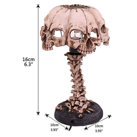 Light Up Skeleton Table Lamp With Four Bone Skull Design shown with dimensions