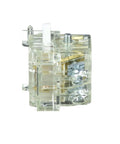 Side view of Heavy Duty Push Button Contact Block For 30mm Cutouts With 1NO 1NC Spring Return, transparent housing shown.