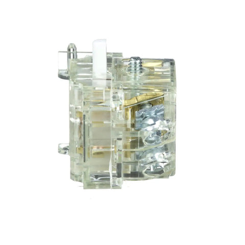 Side view of Heavy Duty Push Button Contact Block For 30mm Cutouts With 1NO 1NC Spring Return, transparent housing shown.