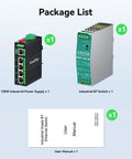 Package list showing Industrial 5 Port Gigabit PoE++ Switch With 120W Total Budget, power supply, and user manual.