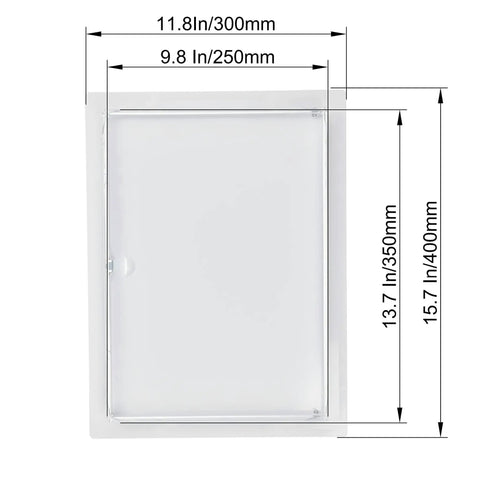 Dimensions of 10 X 14 Inch White Steel Drywall Access Panel With Slick 145 Degree Swing Door Hidden Wire Cover for Plumbing.