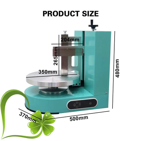 Product size diagram of Automatic Cake Decorating Machine Buttercream Spreader, dimensions, stainless steel build, commercial use.