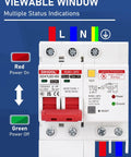 Heavy Duty Ground Fault Circuit Breaker With Surge Protection For DIN Rail Mount Two Pole 63 Amp 120V To 240V AC Leakage Trip 30mA Short Circuit Protection And Circuit Isolation showing multiple status indicators and power settings