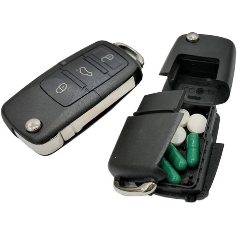 Lowkey Discreet Car Key Diversion Safe With Hidden Secret Compartment Stash Box Decoy Key Fob open showing pills, black, on white