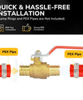 KAINGA 3/4 in PEX brass ball valve with red 1/4-turn handle; full-port shut-off for hot/cold water, 2-pack
