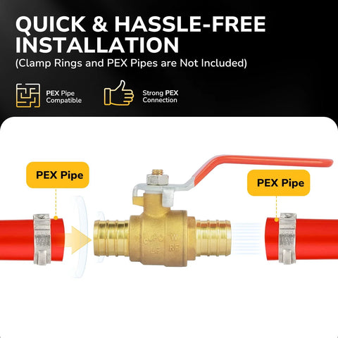 KAINGA 3/4 in PEX brass ball valve with red 1/4-turn handle; full-port shut-off for hot/cold water, 2-pack