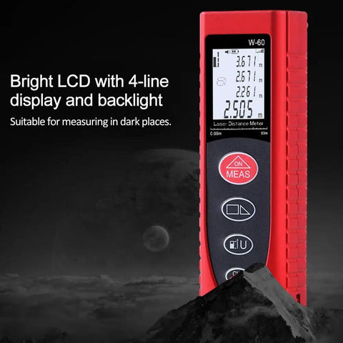 Heavy Duty Laser Distance Meter With Eighty Meter Reach Featuring Mute Mode Sleek Backlit Screen and Pythagorean Math for Quick Measurements, bright LCD display.