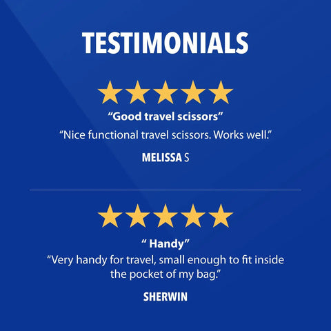 Testimonial reviews for Titanium Bonded Mini 3 Piece Travel Cutters Set With Folding Scissors, highlighting compact and handy use.