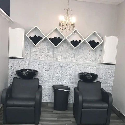 Salon room with Dope 2x2 PVC Ceiling Tile Set For Easy Makeover Lay In Or Glue Up 10 Piece Pack Covers 40 Sq Ft Patina Finish.
