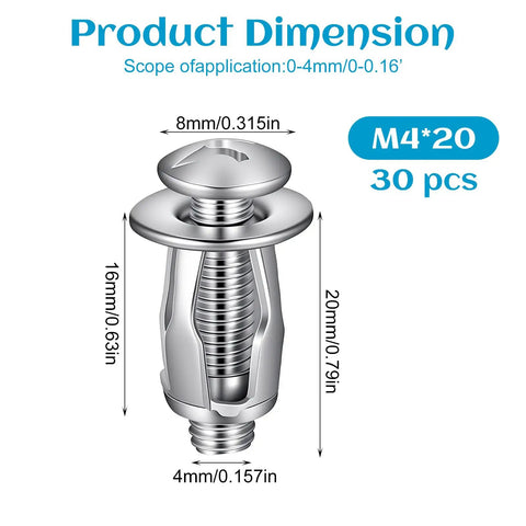 30 Piece M4 Hollow Wall Anchors Kit With Petal Nuts And Screws Expansion Door Anchors For Thin Walls Hollow Panels And Sheet Metal Includes Metal Screws Heavy Duty Cavity Fixing For Quick No Sweat Install, M4*20 dimensions
