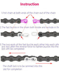 Illustration of 11-speed bicycle chain connector installation steps for 4 Pairs Must Have 11 Speed Bicycle Missing Link Chain Connector Reusable Steel Link Silver 20mm Long 5.5mm Wide 7mm High Compatible With All 11 Speed Chains Easy Install Durable Stainless Steel