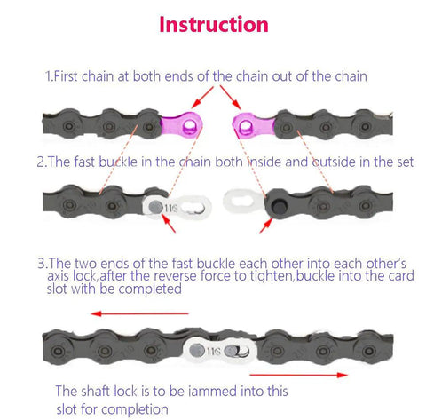 Illustration of 11-speed bicycle chain connector installation steps for 4 Pairs Must Have 11 Speed Bicycle Missing Link Chain Connector Reusable Steel Link Silver 20mm Long 5.5mm Wide 7mm High Compatible With All 11 Speed Chains Easy Install Durable Stainless Steel