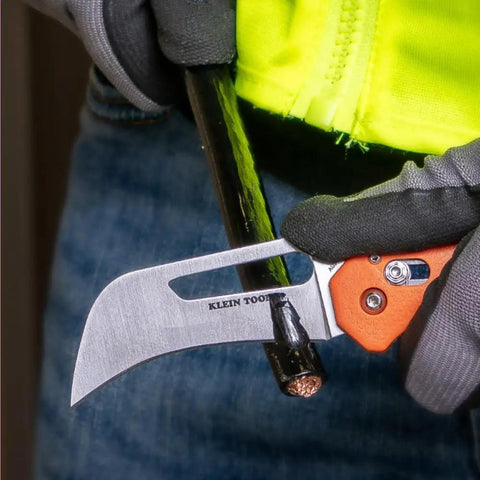 Hawkbill Pocket Knife With Stainless Steel Blade For Cable Skinning And Line Work Ambidextrous Bar Lock Orange Handle